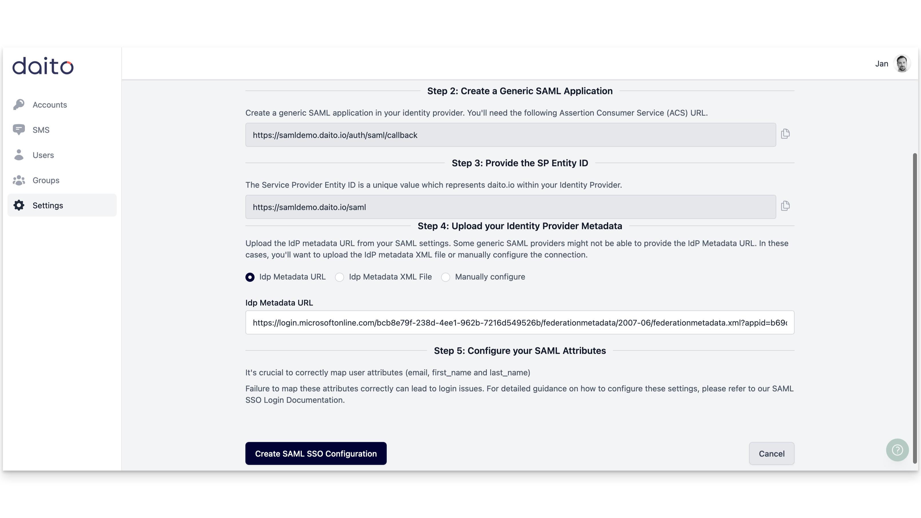 Daito SSO settings microsoft azure