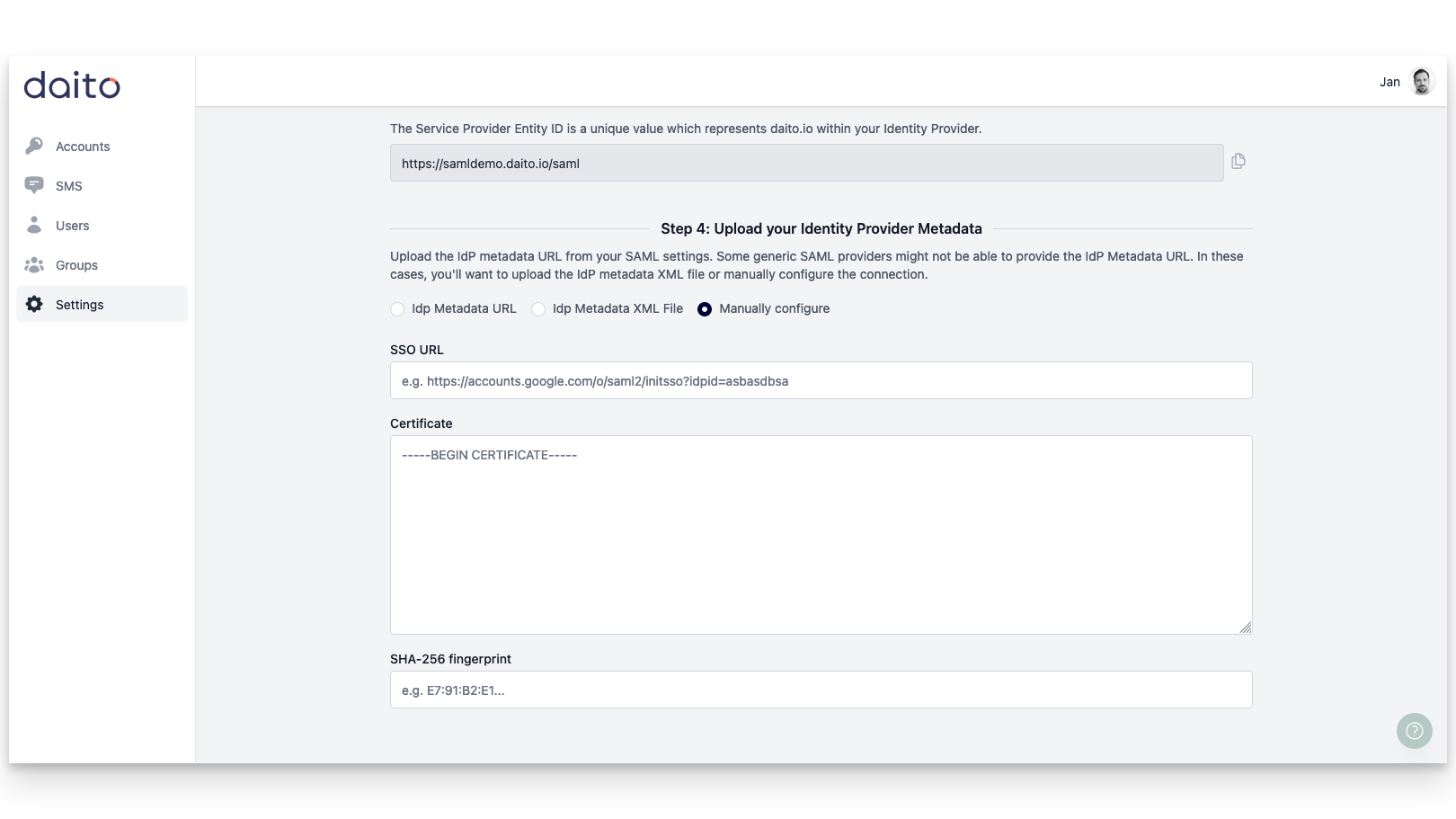 Daito custom saml settings