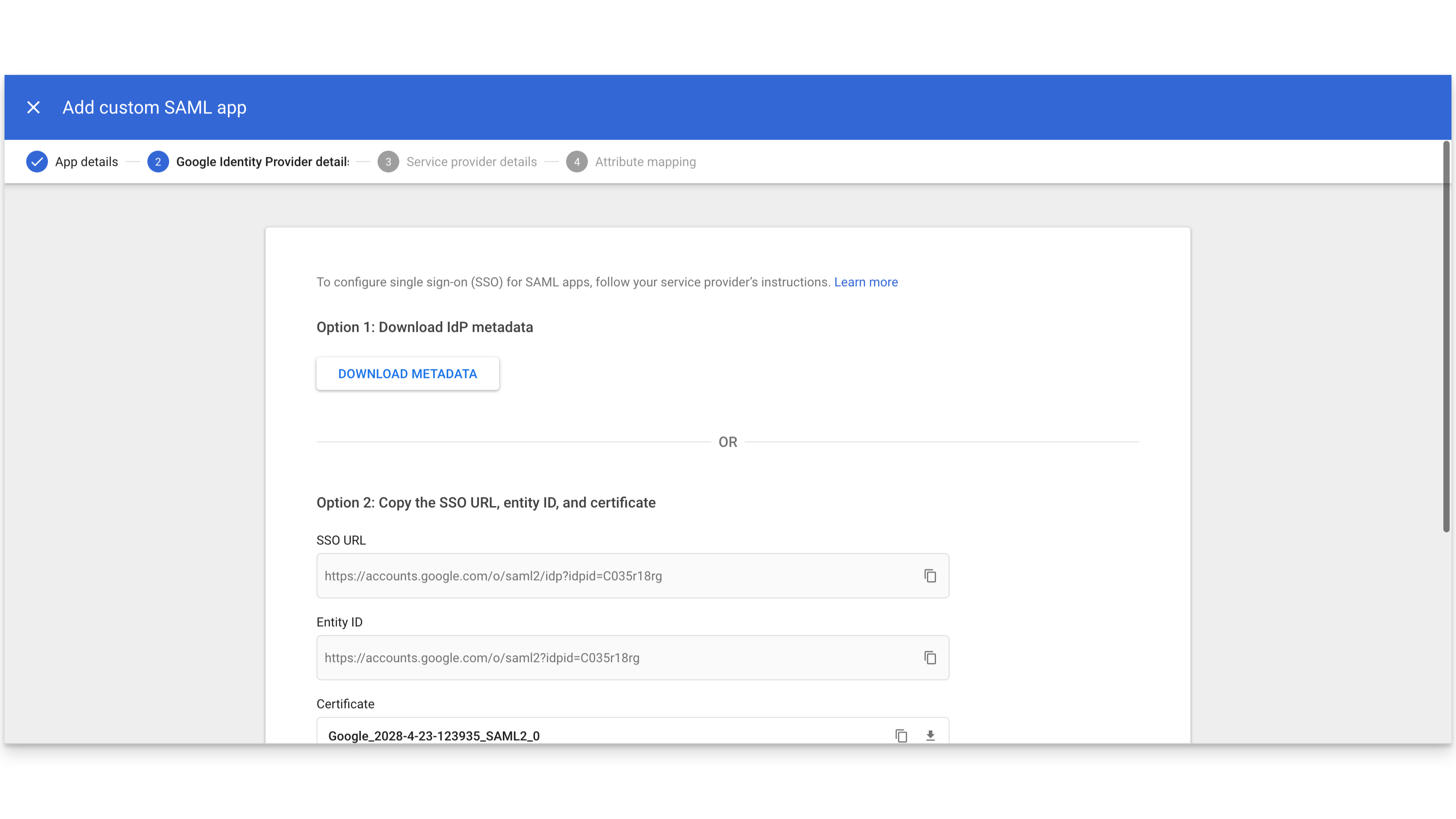 Google custom saml app