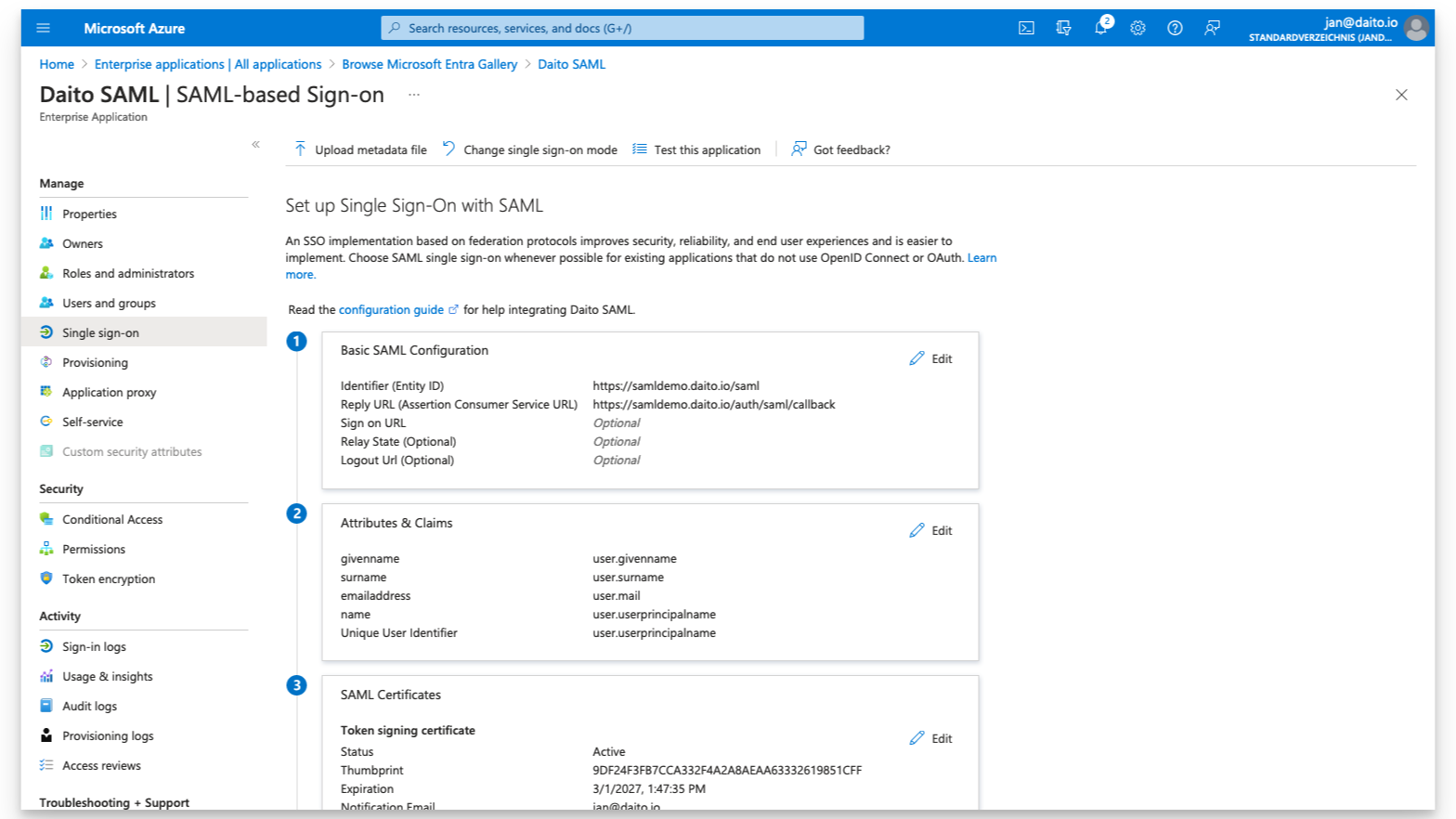 Microsoft Saml settings